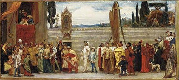 A Colour Sketch For Cimabue's Celebrated Madonna Is Carried In Procession Throught The Streets In Florence Oil Painting by Lord Frederic Leighton