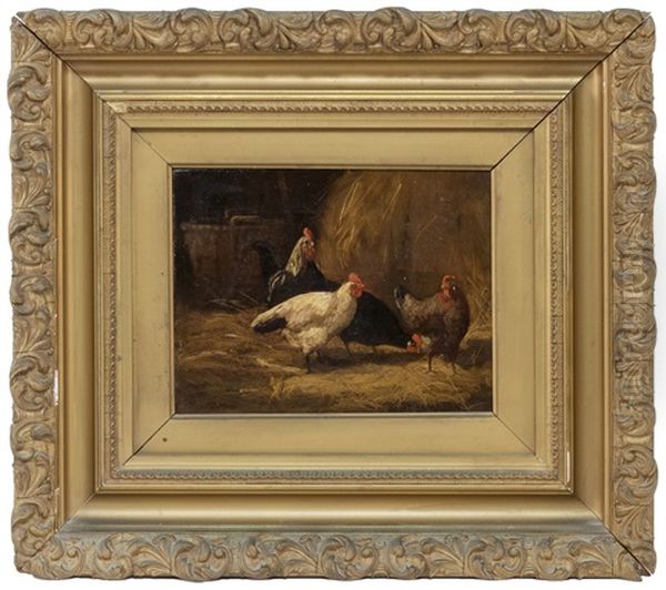 Barn Interior With Four Chickens, Hay And A Splint Basket. Oil Painting by Scott Leighton