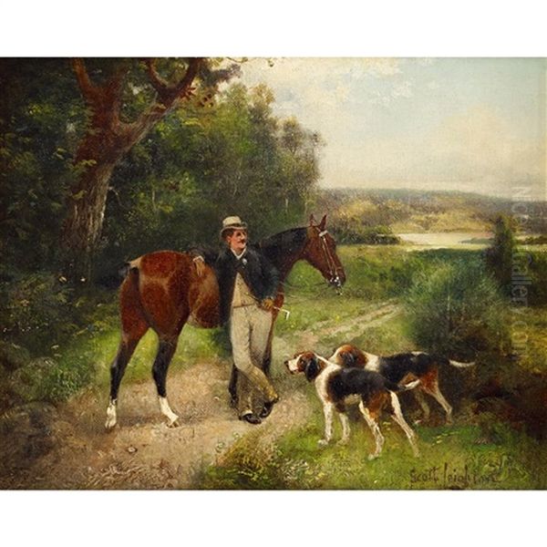 Horseman And Hounds; Summer Pasture (2 Works) Oil Painting by Scott Leighton