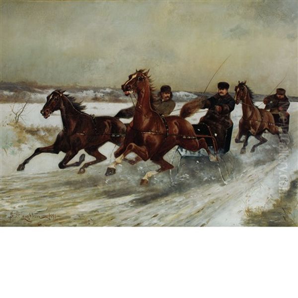 Trotters Racing In The Snow Oil Painting by Scott Leighton