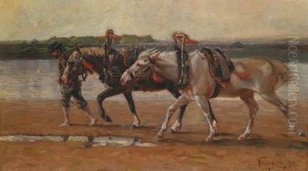 Tow Horses Oil Painting by Fedor Vasilevic Belousov