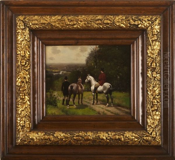 Equestrians Overlooking A Village In A Pastoral Landscape Oil Painting by Scott Leighton