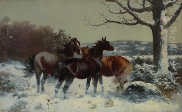 Horses In Winter Oil Painting by Scott Leighton