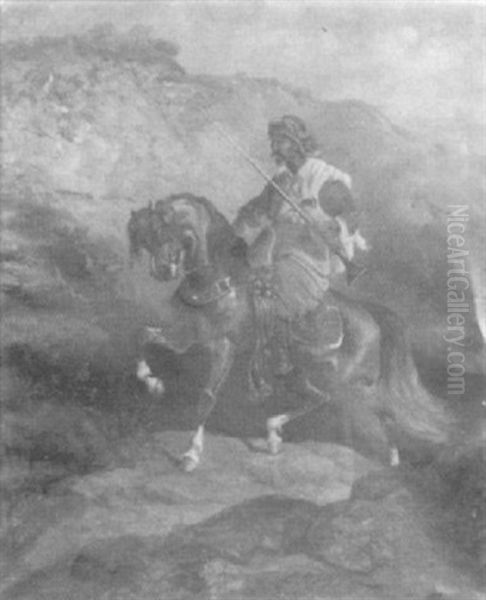 Mounted Arab In A Rocky Landscape Oil Painting by Scott Leighton