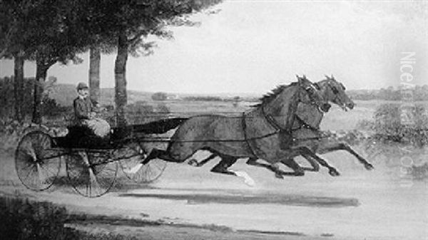 Buggy Drawn By A Team Of Horses Along A Tree Lined Avenue Oil Painting by Scott Leighton