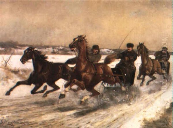 Trotters Racing In The Snow Oil Painting by Scott Leighton