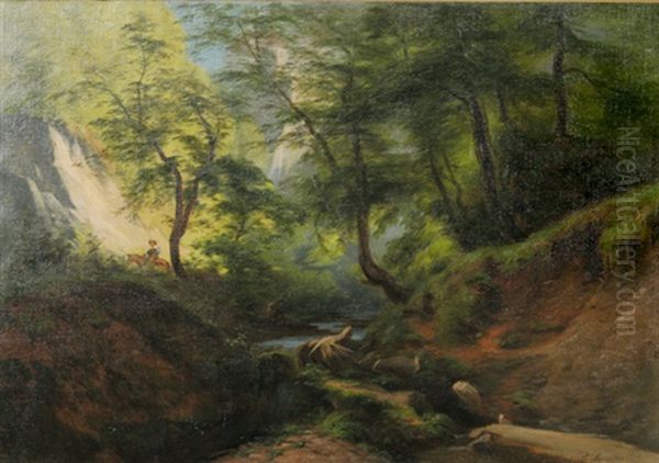 Waldlandschaft Mit Flusschen Und Einem Reiter. Im Hintergrund Ein Auf Kreidefelsen Gelegenes Schlos Oil Painting by Franz Leinecker