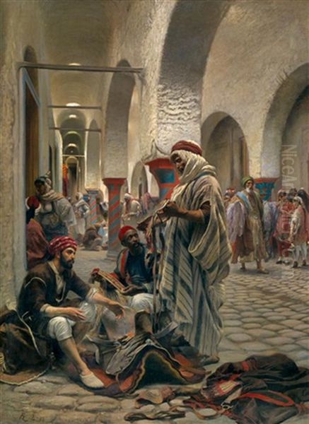 Le Souk Des Etoffes, Tunis Oil Painting by Anton Robert Leinweber