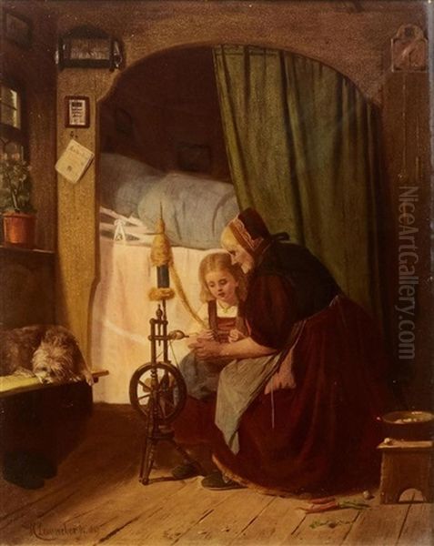 Girl And Grandmother At The Loom Oil Painting by Heinrich Leinweber