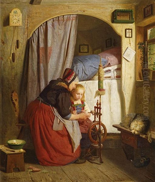 Grosmutter Mit Ihrer Enkelin Am Spinnrad Oil Painting by Heinrich Leinweber