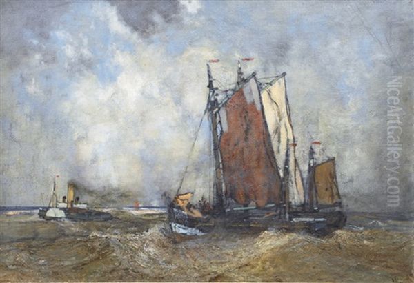 Tug And Tow In The Mouth Of The Elbe Oil Painting by Karl Leipold