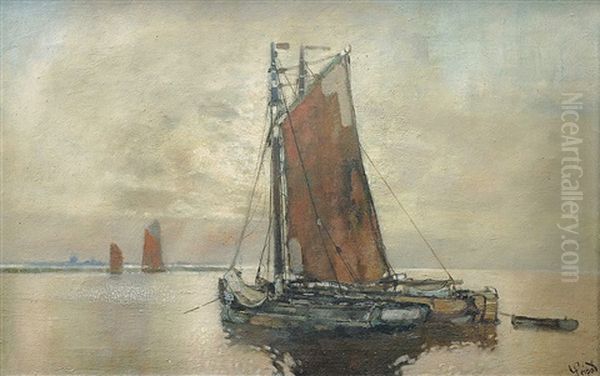 Fischerboote Auf Der Niederelbe Im Taghellen Vollmondschein Oil Painting by Karl Leipold