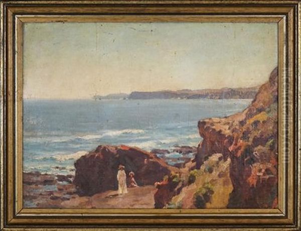 Figures On Ben Buckler Rock, Bondi Beach Oil Painting by Frederick William Leist