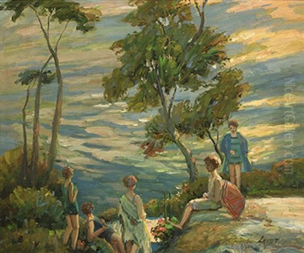 Figures Resting Near Ocean Oil Painting by Frederick William Leist