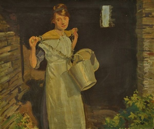 A Cornish Milk Maid Oil Painting by Frederick William Leist