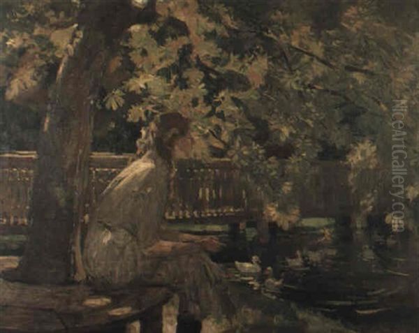 Girl And Duck Pond Oil Painting by Frederick William Leist