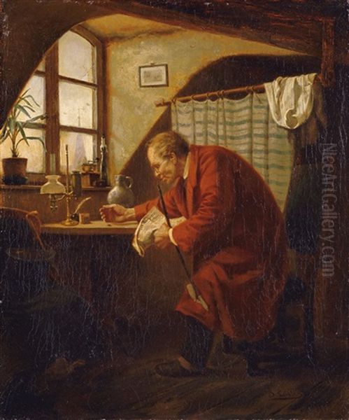 Interieur Mit Zeitunglesendem Mann Oil Painting by Jacobus Leisten