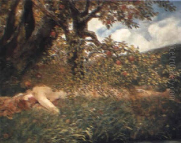 A Lady Resting Below A Peach Tree Oil Painting by Jacobus Leisten