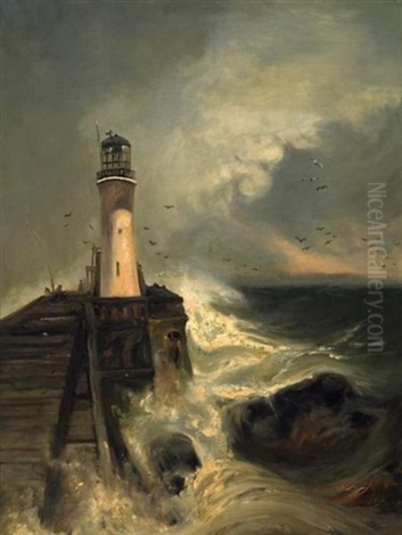 Leuchtturm An Sturmischer Kuste Oil Painting by Walter Leistikow