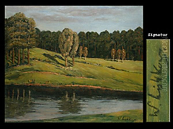 Hugeliges Ufer Mit Baumkronen Vor Einem Kiefernwald, Abendlicht Oil Painting by Walter Leistikow