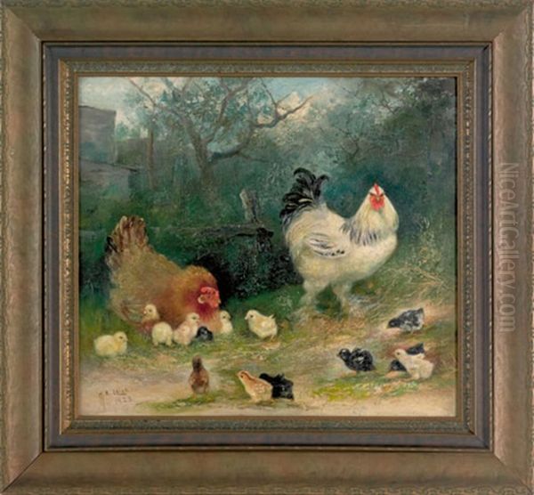 Hen, Rooster, And Thirteen Chicks Oil Painting by Mary B. Leisz