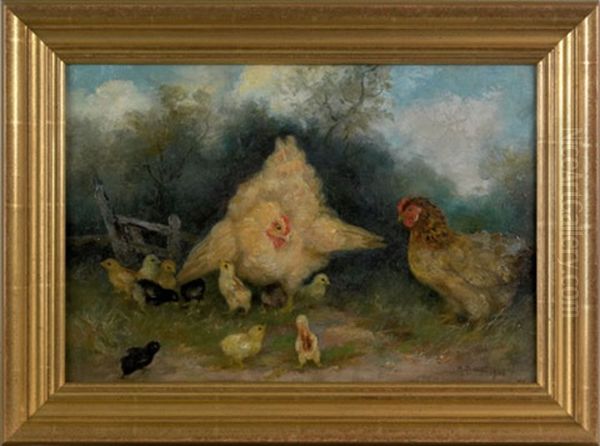 Two Hens And Eleven Chicks Oil Painting by Mary B. Leisz