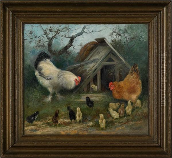 Scene Of A Hen And Chicks Oil Painting by Mary B. Leisz