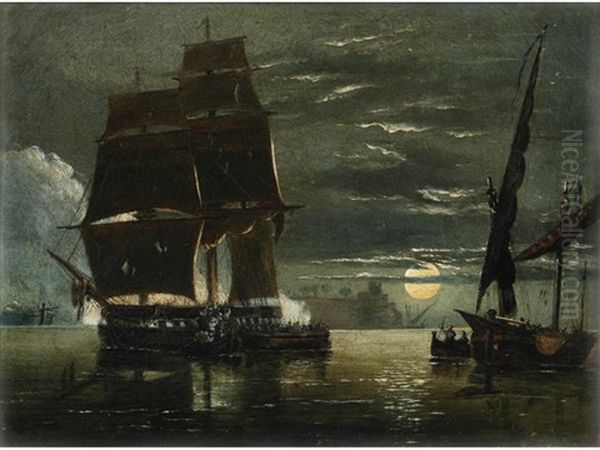 Riff Pirates Attacking A Spanish Ship By Night In A Calm Oil Painting by Richard Principal Leitch