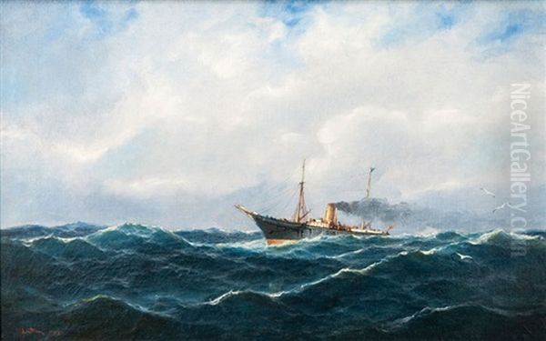 Steamship Oil Painting by Heinrich Leitner