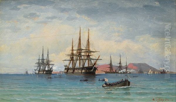 English Frigates On The Mediterranean Sea Oil Painting by Heinrich Leitner