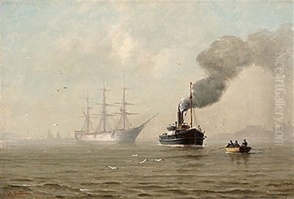 Schiff Im Nebel Auf Der Elbe Bei Altona Oil Painting by Heinrich Leitner