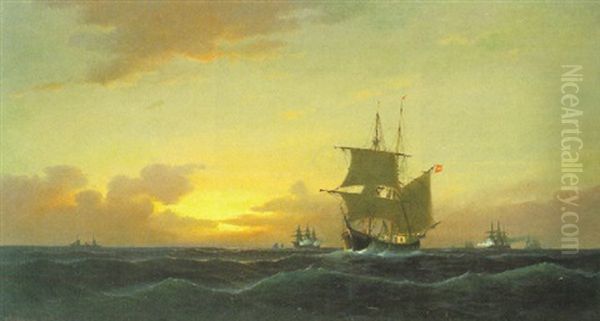 Brigg Unter Hamburger Flagge Mit Anderen Schiffen Auf Hoher See Oil Painting by Heinrich Leitner