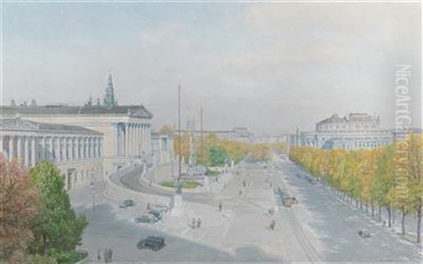 Ringstrase With Parliament And Burgtheater Oil Painting by Thomas Leitner