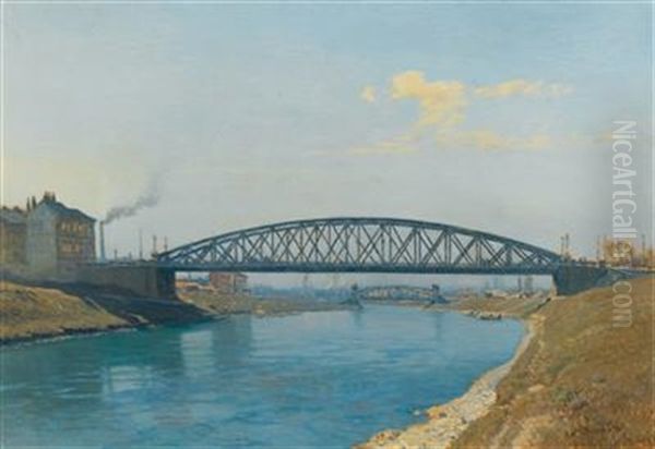 Der Donaukanal Mit Heiligenstadter Brucke Und Doblinger Steg Oil Painting by Thomas Leitner