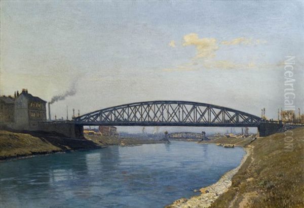 Der Donaukanal Mit Heiligenstadter Brucke Und Doblinger Steg Oil Painting by Thomas Leitner