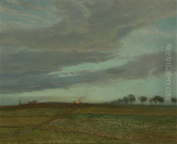 Herbstliche Abendlandschaft Mit Pflugendem Bauer Oil Painting by Thomas Leitner