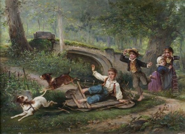 Children And Dogs Playing Oil Painting by Eugene Joseph Lejeune