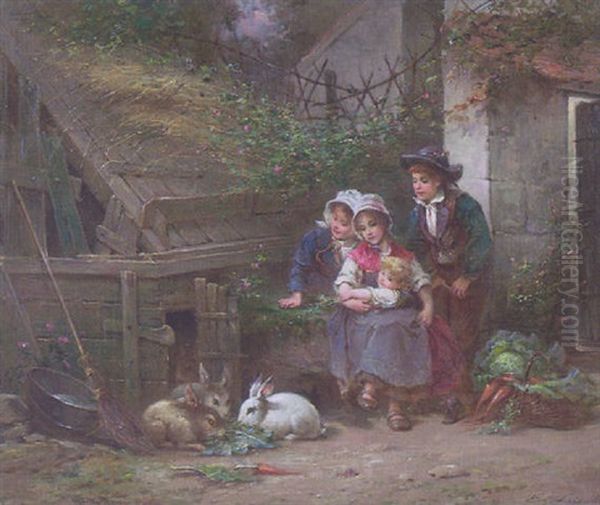 Minding The Rabbits Oil Painting by Eugene Joseph Lejeune