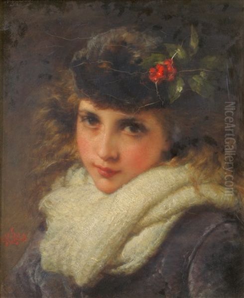 Portrait Of A Pretty Young Lady, Head And Shoulders, Wearing A Blue Coat And Cream Scarf Oil Painting by Henry Lejeune