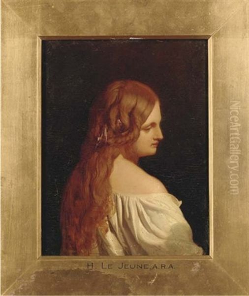 Portrait Of A Young Lady With Long Auburn Hair In A White Robe Oil Painting by Henry Lejeune