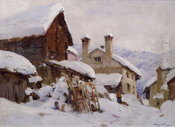 Case Montane Sotto La Neve Oil Painting by Achille Beltrame