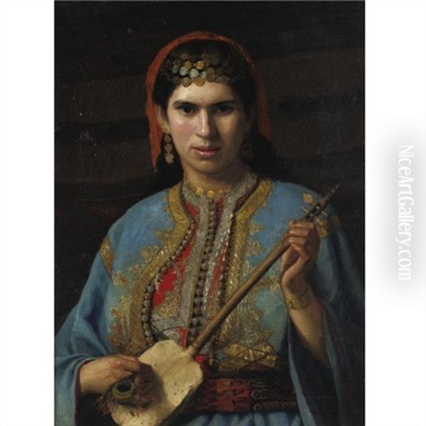 Girl With Mandolin Oil Painting by Henry Leland