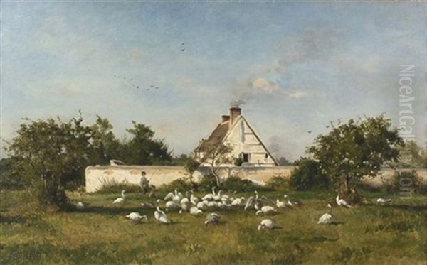 Sommerliche Landschaft Mit Gansen Oil Painting by Adolphe Pierre Leleux