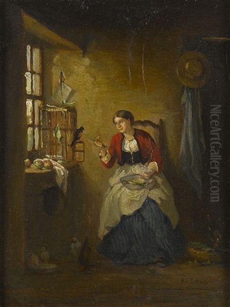 Interieur Mit Frau Und Vogelkafig Oil Painting by Armand Hubert Simon Leleux