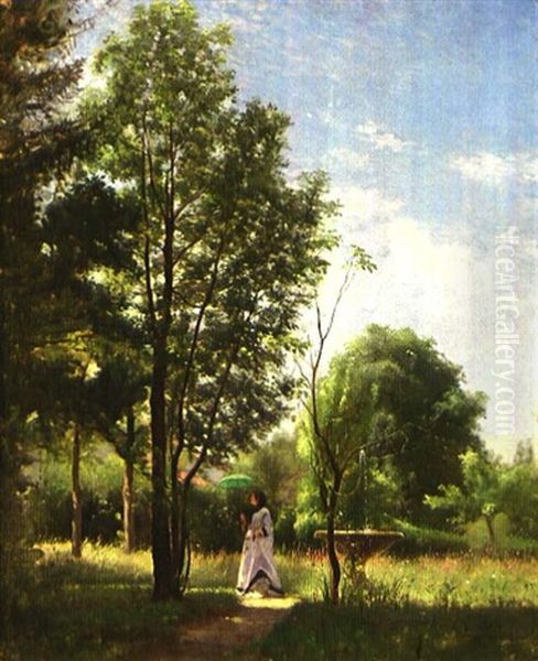 Frau Mit Sonnenschirm Im Garten Oil Painting by Armand Hubert Simon Leleux