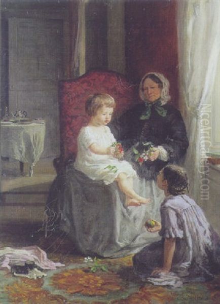 Interior Med Et Par Piger Pa Besog Hos Bedstemor Oil Painting by Louise-Emilie Leleux-Girard