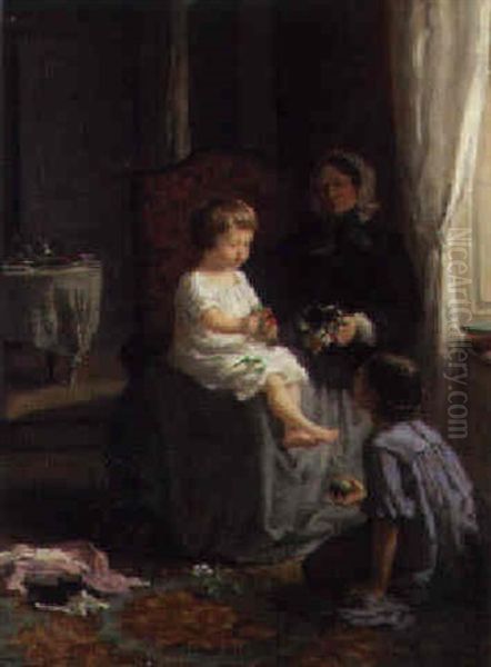 A Mother Playing With Her Children In An Interior Oil Painting by Louise-Emilie Leleux-Girard