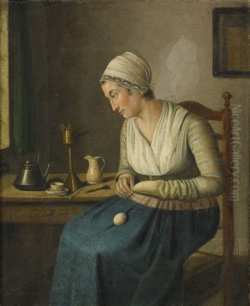 Interior Med Kvinna Som Stoppar Strumpor Oil Painting by Adriaen de Lelie