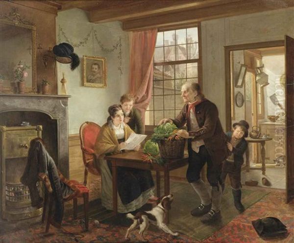 A Family In An Interior With A Dog And Cat Oil Painting by Adriaen de Lelie