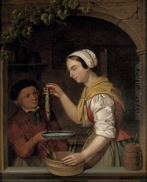 A Young Woman Holding A Herring, Standing With A Boy In A Window Oil Painting by Adriaen de Lelie